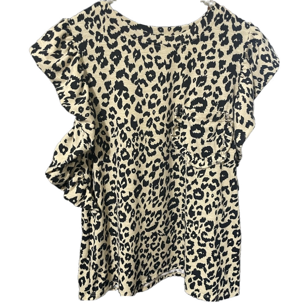 Leopard Prin Top Womens Small Ruffle Flutter Sleeve  Casual Edgy Feminine Pocket - Picture 4 of 9